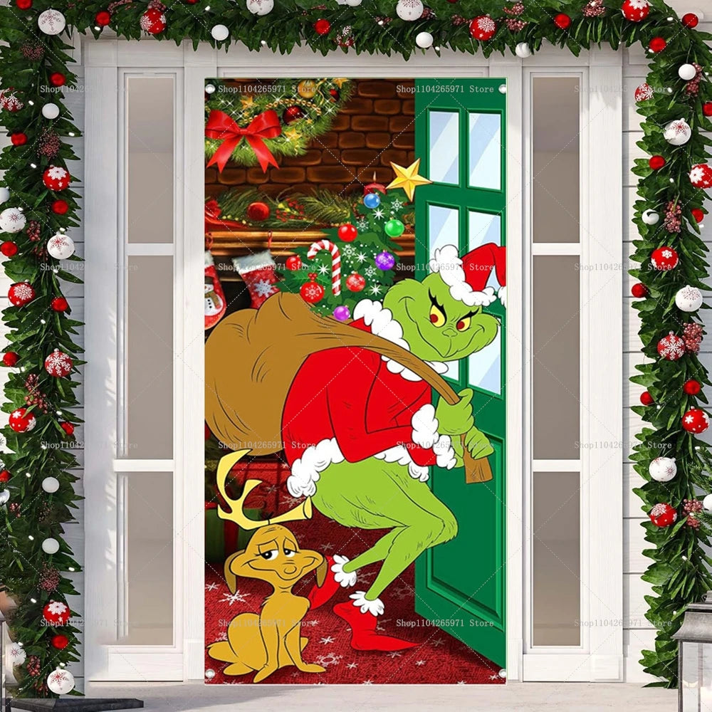 Christmas Green Haired Monster Door Cover Background Cloth Banner Christmas Party Scene Decoration Door Cover