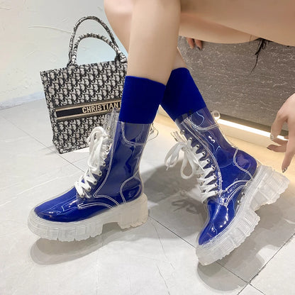 Women Sport Chunky Jelly Shoes Platform Flats Rainboots 2022 Spring New Designer Transparent Ladies Shoes Running Zapatos